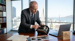 Determined attorney in modern San Francisco law office examining defective household appliance with legal documents and laptop, skyline view in background.