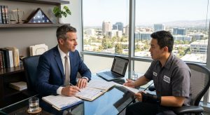 Professional image of work injury attorney consulting injured worker client in modern San Jose law office with Silicon Valley view.