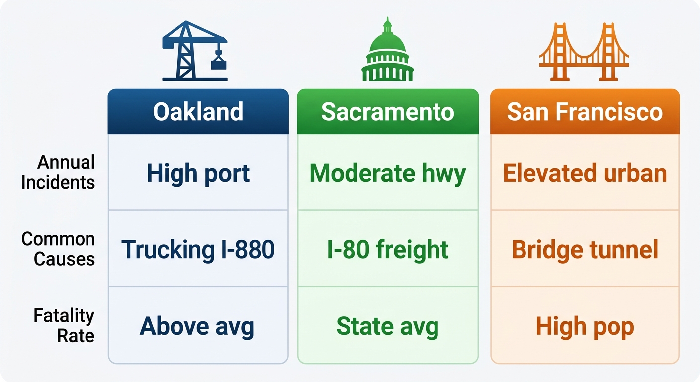 Infographic comparing truck accident annual incidents, common causes, and fatality rates in Oakland, Sacramento, and San Francisco