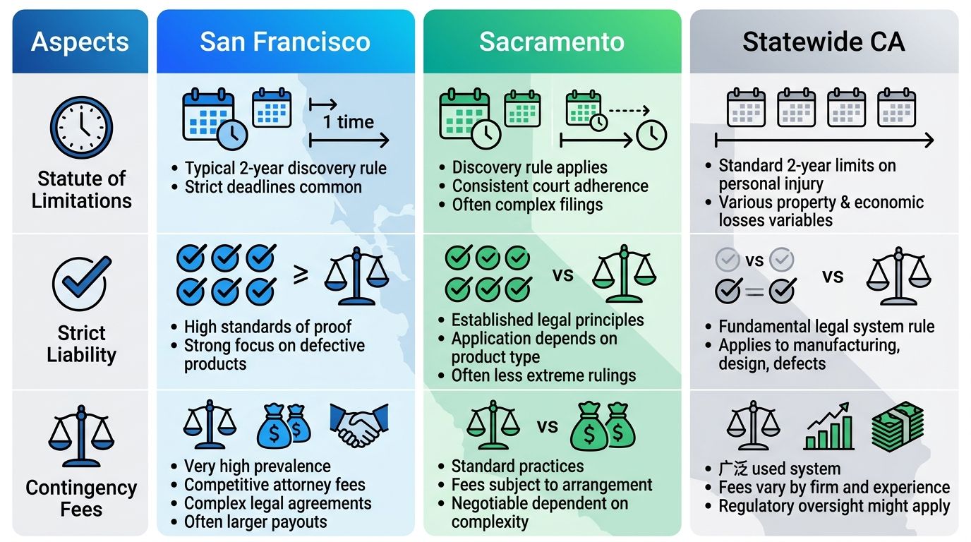 Infographic comparing product liability aspects like statute of limitations, strict liability, and contingency fees across San Francisco (blue), Sacramento (green), and California statewide (gray) with icons and Bay Area map overlay