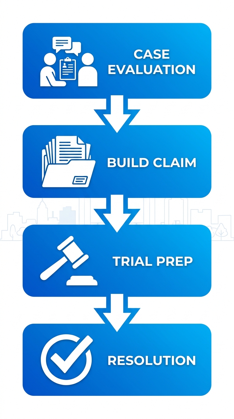 Vertical process flow illustrating four stages of medical malpractice cases: evaluation, building claim, trial preparation, and resolution with icons and arrows.