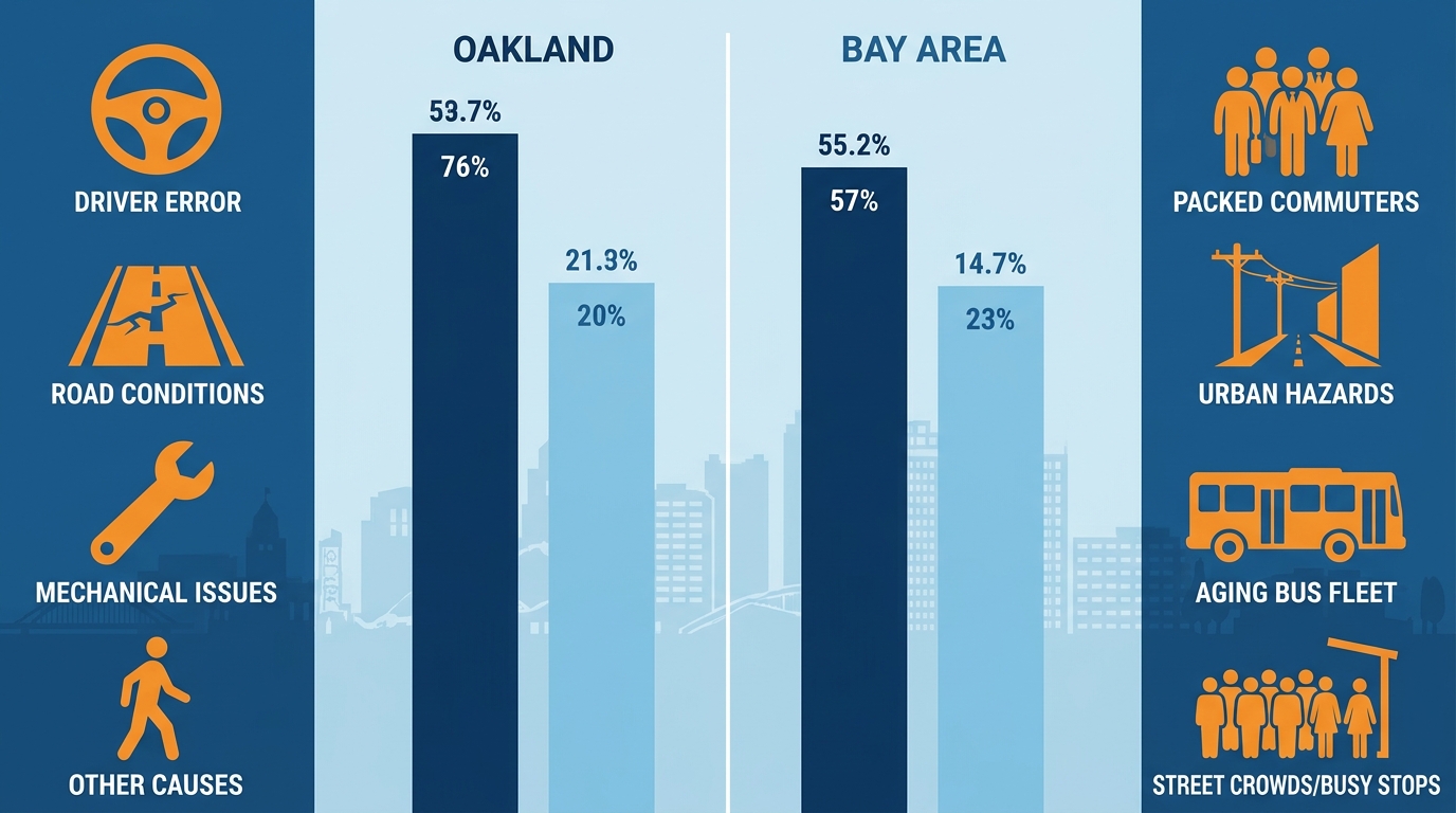 Infographic comparing common bus accident causes in Oakland versus Bay Area averages with icons, comparative bars, and local factors.