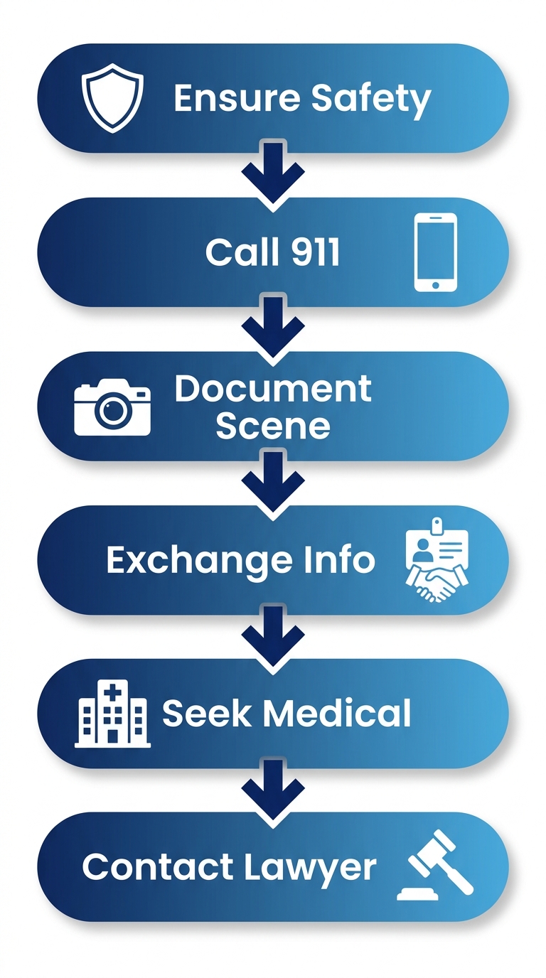 Vertical process flow diagram of six essential first steps after a motorcycle accident in Oakland: ensure safety, call 911, document scene, exchange info, seek medical attention, contact lawyer.