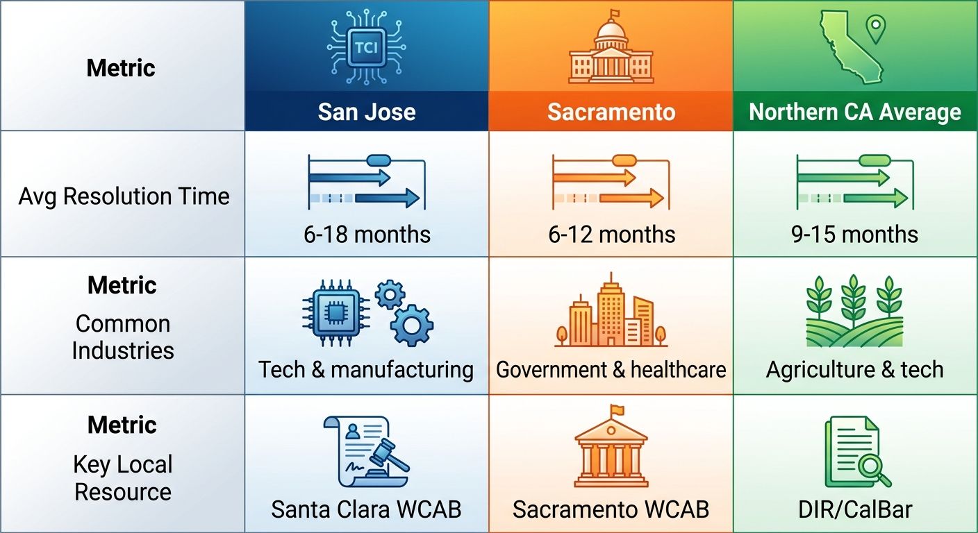 Infographic comparing workers' compensation metrics for San Jose, Sacramento, and Northern California average