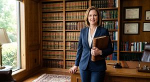 Confident civil litigation attorney standing in a well-appointed law office with legal bookshelves and natural light