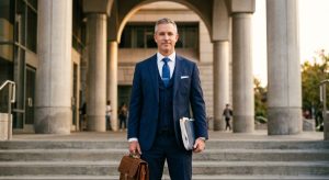 Confident attorney in suit standing in front of Sacramento County Superior Court building during golden hour, holding legal documents and briefcase.