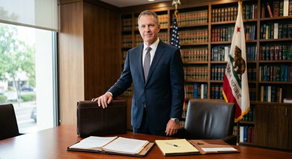 Professional real estate litigation attorney in a modern Sacramento law office with bookshelf and California flag