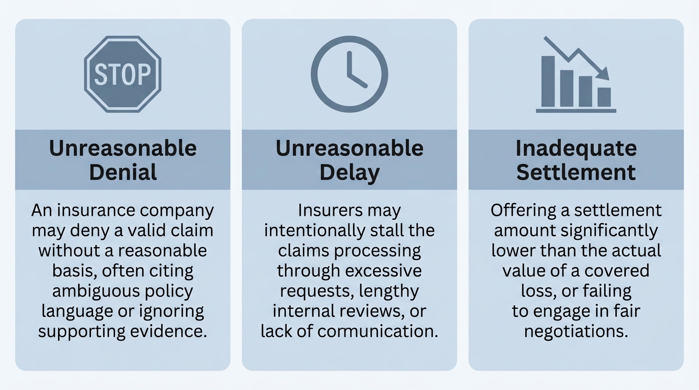 Professional infographic showing three common bad faith insurance practices: unreasonable denial, unreasonable delay, and inadequate settlement