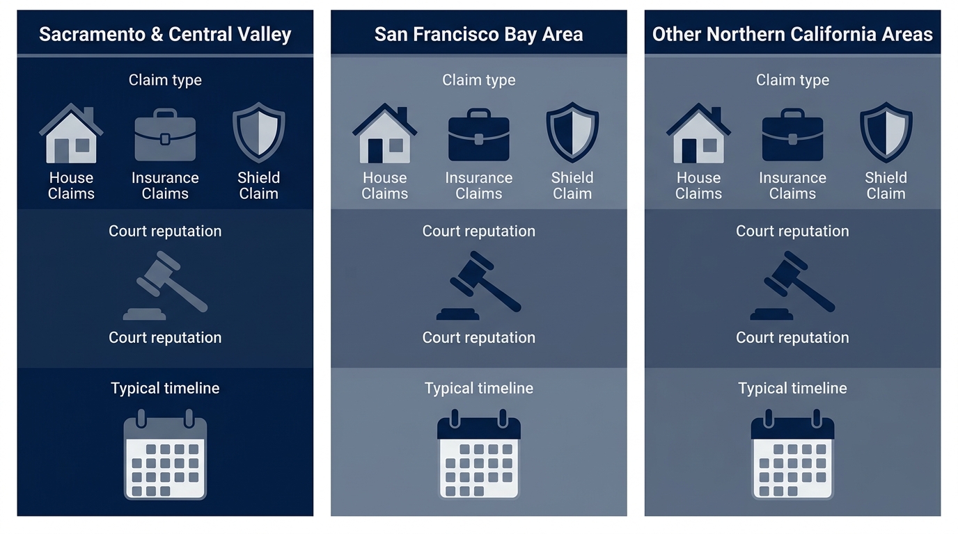 Infographic comparing bad faith insurance claim characteristics across three Northern California regions using icons for claim type, court reputation, and timeline.