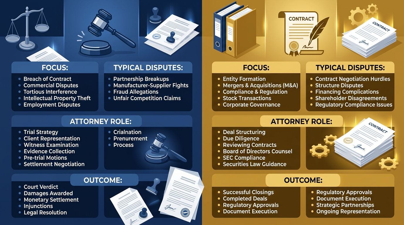 Comparison infographic with two sections: business litigation on the left with gavel icon, corporate law on the right with contract icon, each listing focus areas and outcomes in color-coded boxes