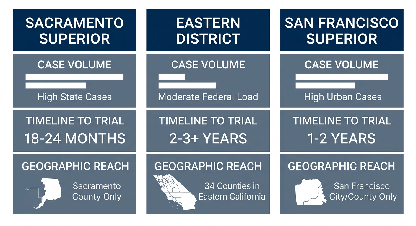 Comparative infographic highlighting key characteristics of three Northern California trial courts, including case volume, timeline to trial, and geographic reach for Sacramento County, Eastern District of California, and San Francisco County.