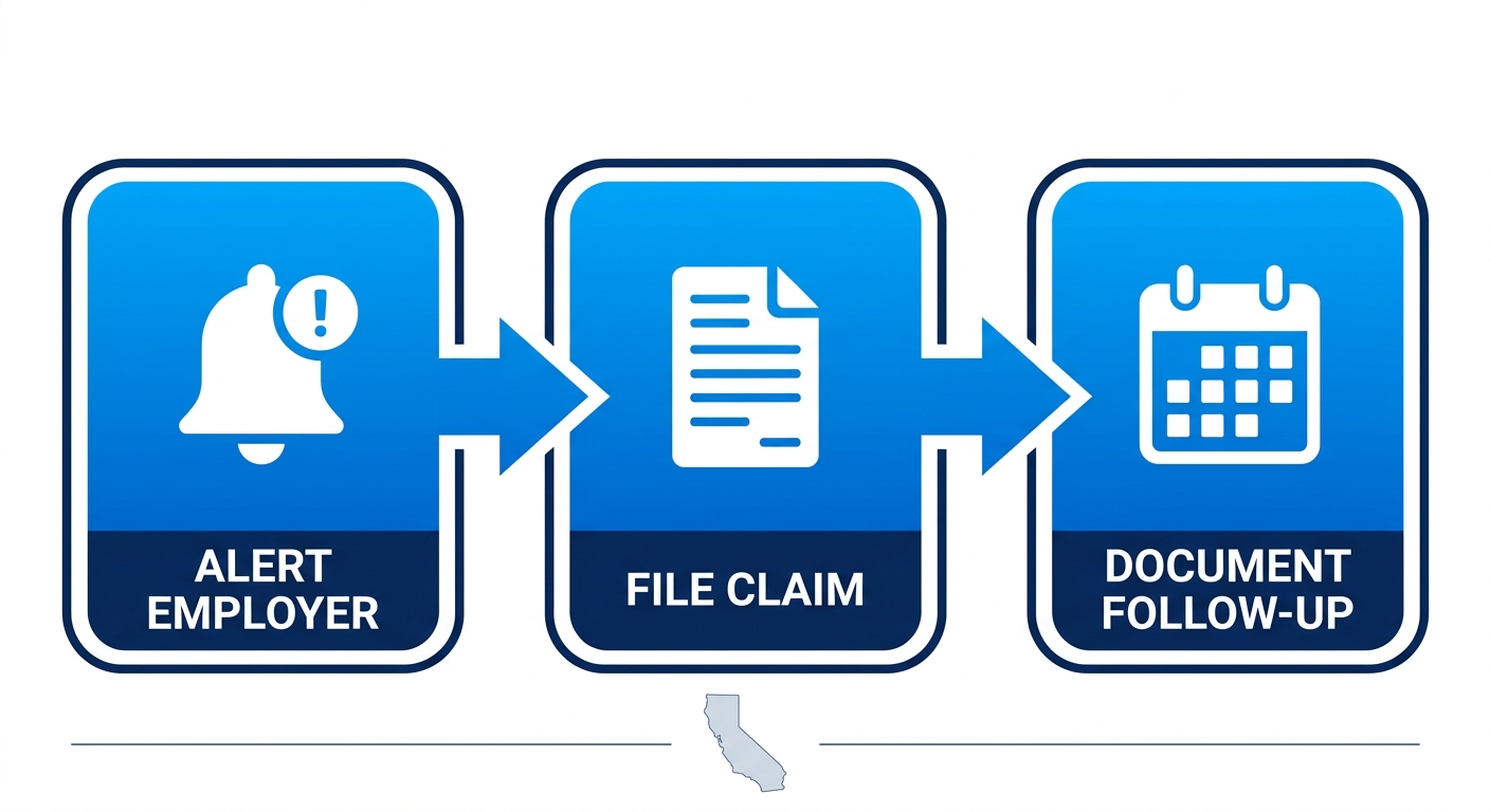 Horizontal process flow diagram illustrating three key stages for reporting a workplace injury: alert employer, file claim, and document follow-up in California workers' compensation system