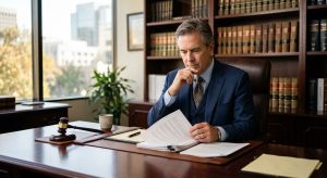 Portrait of a focused attorney in a Sacramento office reviewing a document with law books and gavel nearby