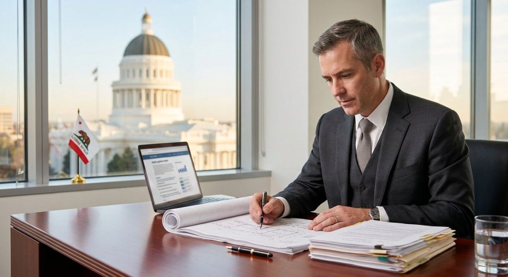 Construction law attorney in Sacramento reviewing project plans and legal documents with California State Capitol visible through office window, laptop showing legislative updates.