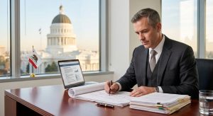 Construction law attorney in Sacramento reviewing project plans and legal documents with California State Capitol visible through office window, laptop showing legislative updates.
