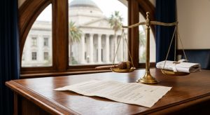 Professional legal photograph of a contract and brass scale on a wooden desk with a blurred courthouse background