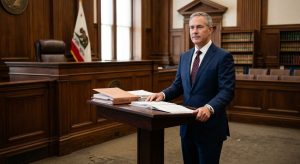 Professional commercial litigation attorney standing in a Northern California courtroom with case files