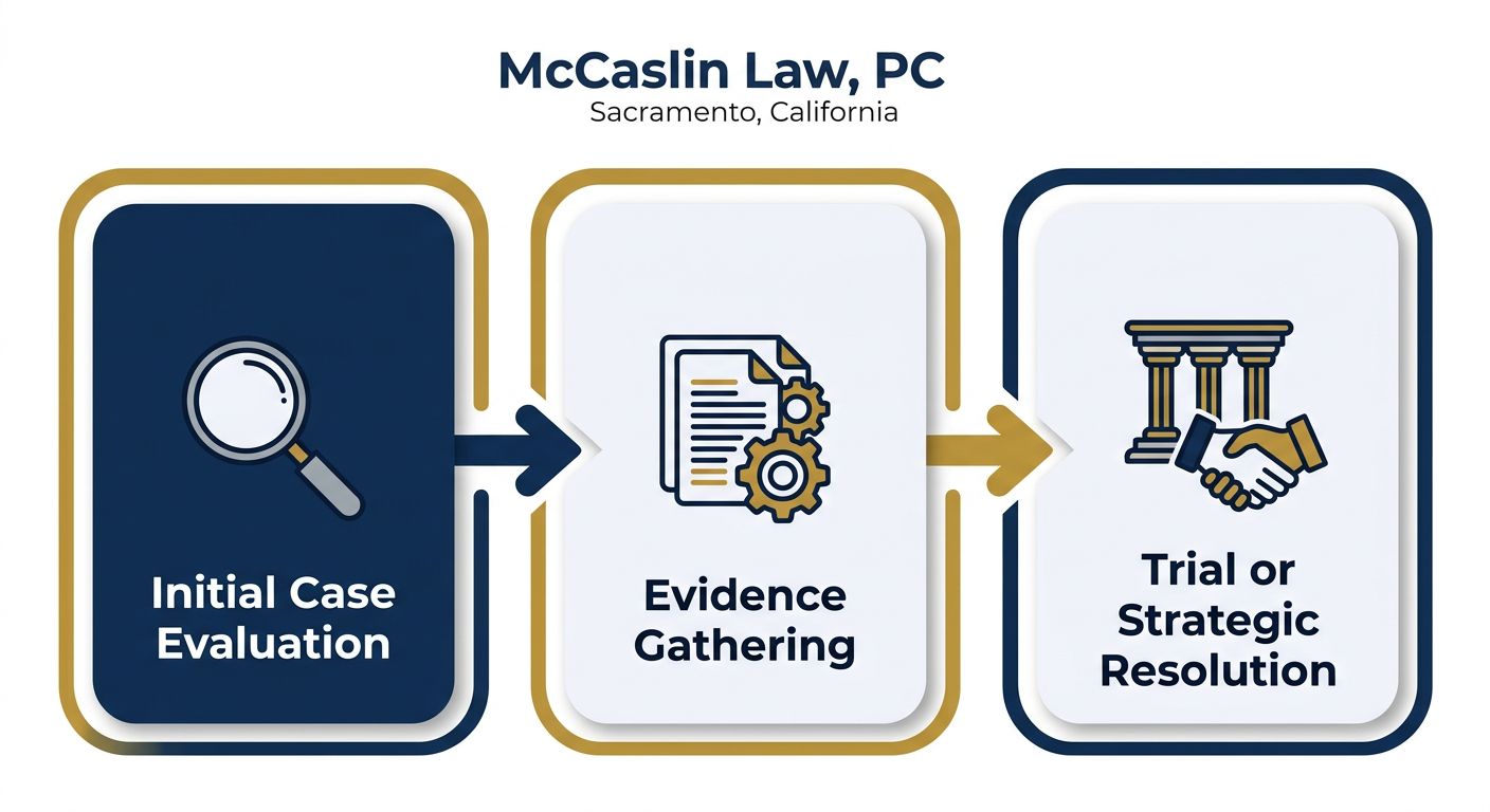 Horizontal process flow diagram showing three stages of NDA case preparation in Sacramento, California. First stage shows initial case evaluation with magnifying glass, second stage shows evidence gathering with document and gear, third stage shows trial or strategic resolution with courtroom column and handshake. Arrows connect stages left-to-right.