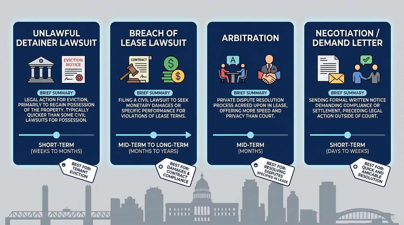 Infographic comparing four commercial lease enforcement methods: Unlawful Detainer, Breach of Lease, Arbitration, and Negotiation/Demand Letter, with timeline and best-use indicators, featuring Sacramento skyline silhouette.