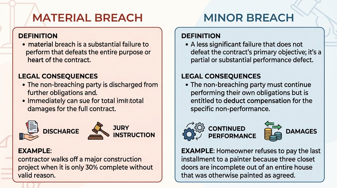 Side-by-side comparison graphic contrasting material breach and minor breach under California contract law with legal definitions and examples