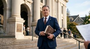 Seasoned trial attorney in dark suit holding legal file in front of Sacramento County Superior Courthouse, with warm afternoon sunlight and blurred property deed in background.