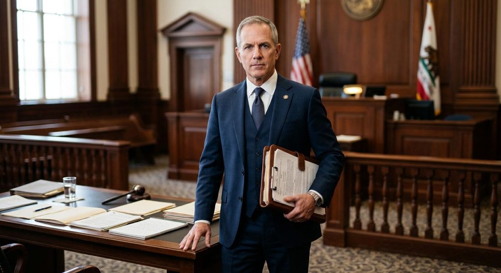 Experienced attorney in a dark suit stands confidently in a Sacramento courtroom with case files on a counsel table, California state flag in background, determined expression.