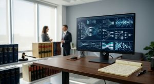 Modern law office workspace with monitor showing data-flow diagrams and legal pad, law books and gavel in background
