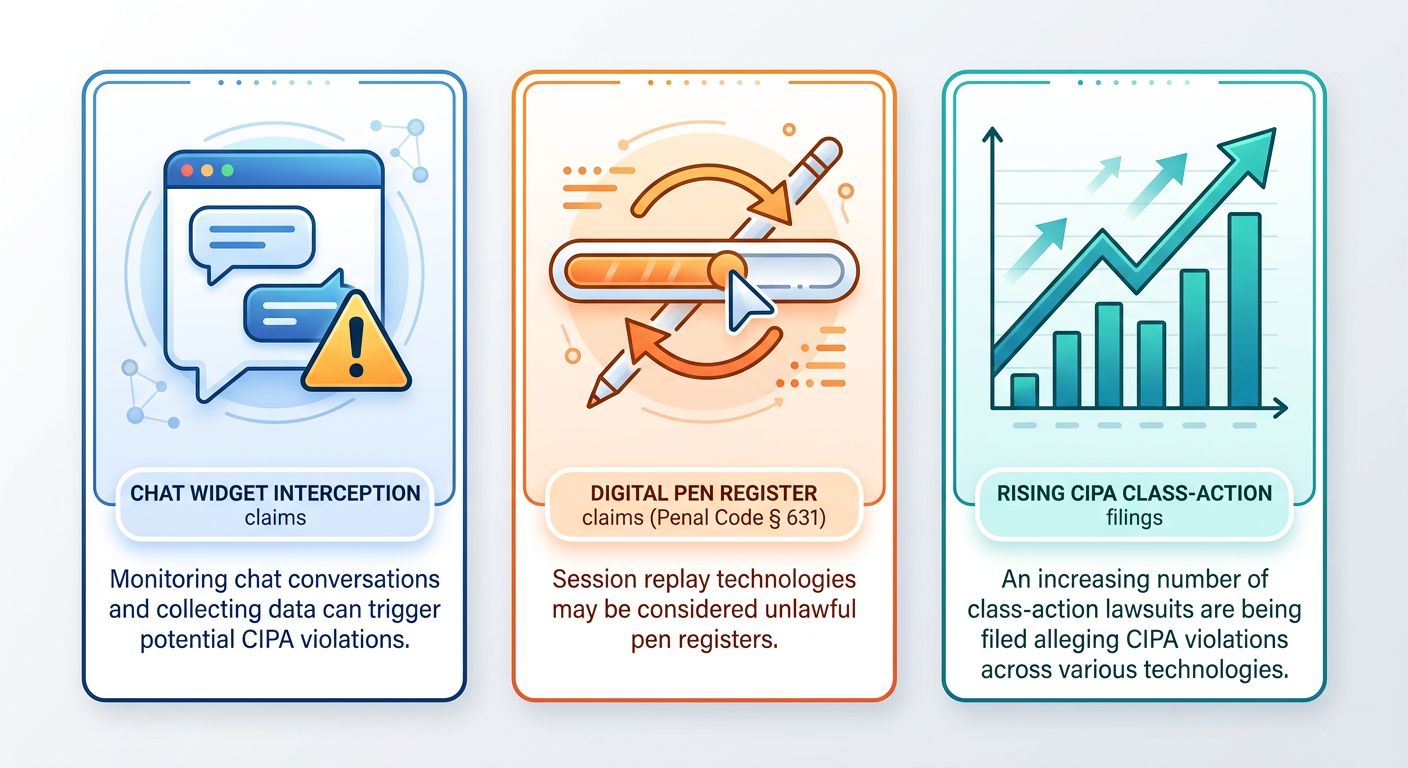 Three-column infographic illustrating CIPA litigation trends: chat feature claims, session replay claims, and rising class-action filings, using blue, orange, and teal color scheme.