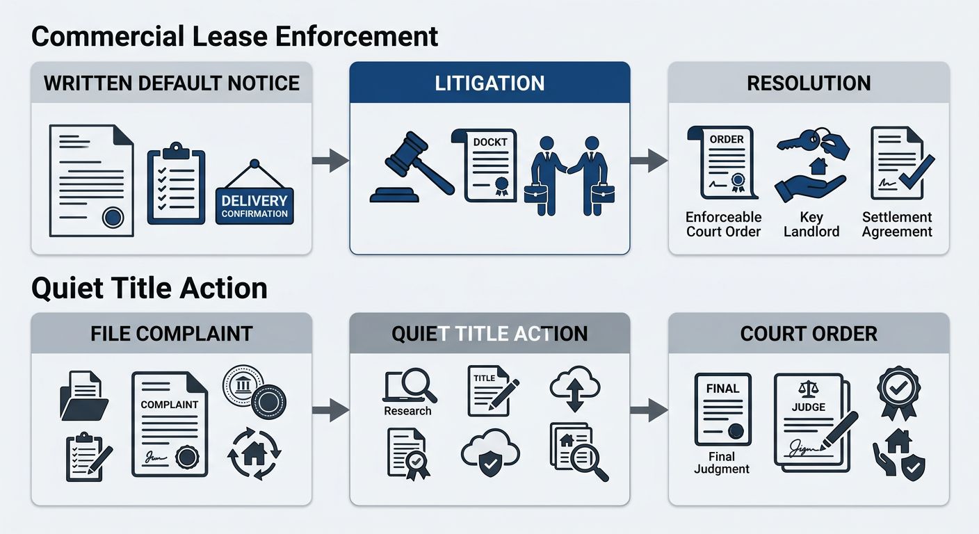 Horizontal process-flow infographic comparing Commercial Lease Enforcement and Quiet Title Action sequences, each with three stages connected by arrows, using a blue and grey professional color scheme.